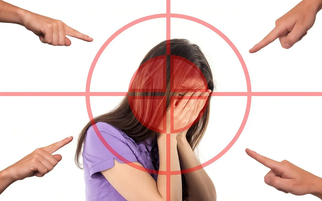 femme ciblée par plusieurs doigts accusateurs, illustration de stigmatisation et blâme