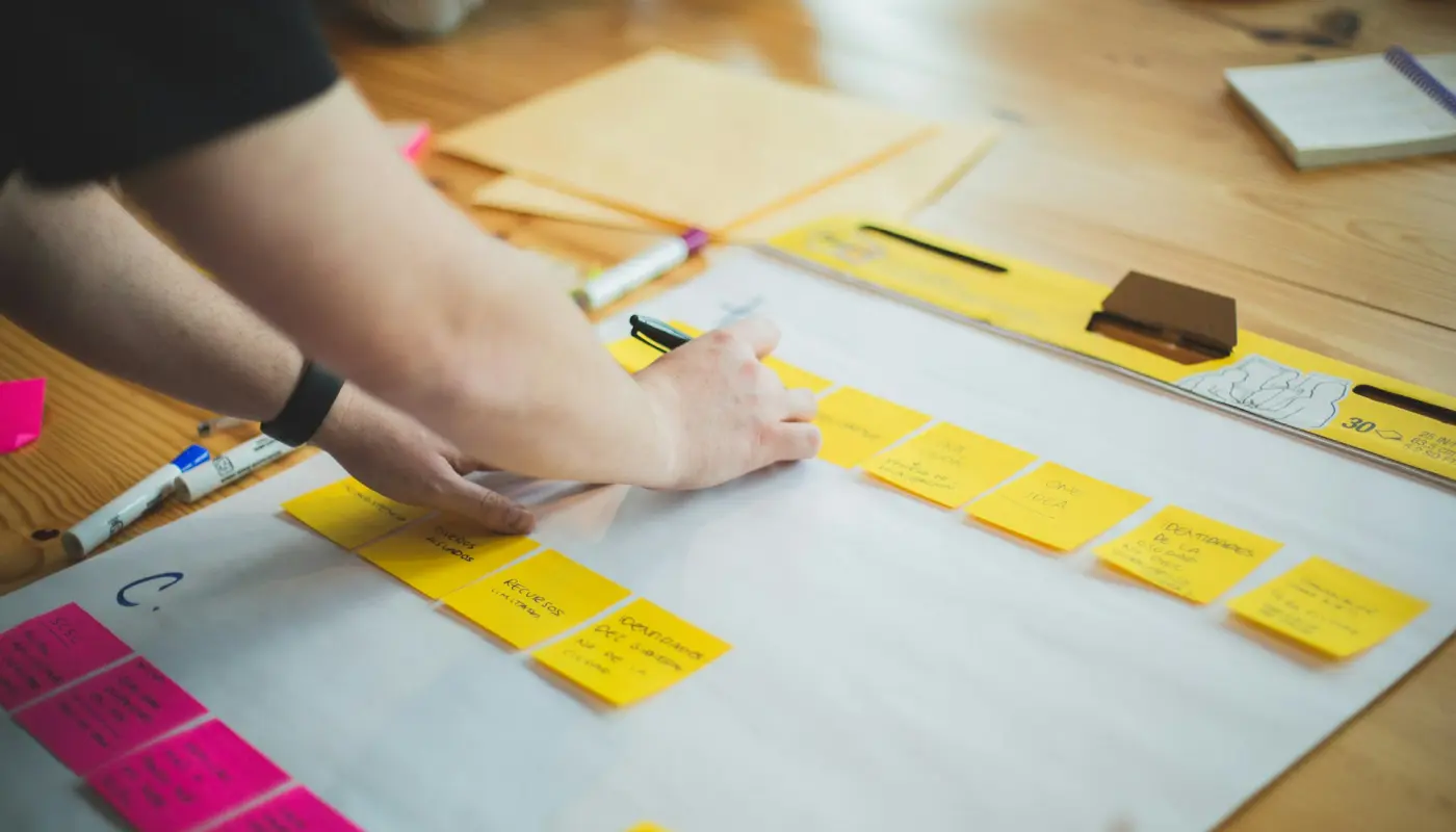 personne organisant des post-it jaunes et roses sur un tableau blanc lors d'une session de planification collaborative