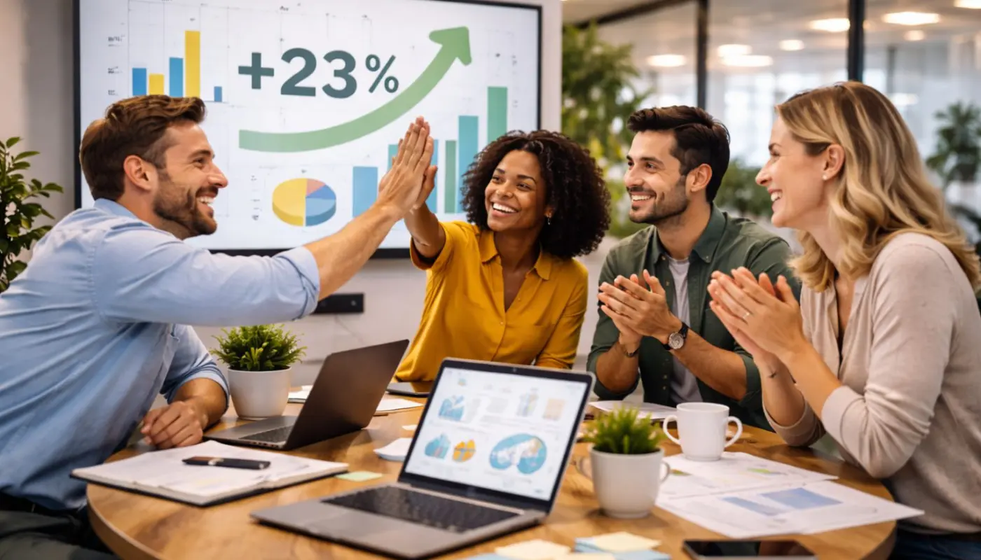 équipe célébrant une croissance de 23% autour de tableaux de bord analytiques