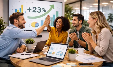 équipe célébrant une croissance de 23% autour de tableaux de bord analytiques