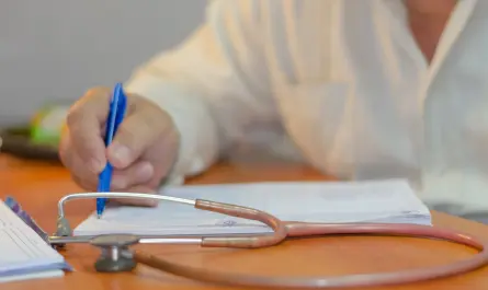 a person writing on a piece of paper with a stethoscope