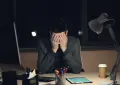 Man in suit sits at desk, head in hands.